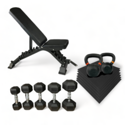 Pack musculación que incluye banco ajustable, kettlebells, mancuernas hexagonales y losetas de caucho alta densidad
