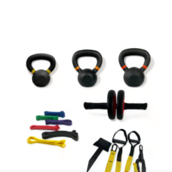 PAck de crosstraining con pesas rusas, bandas elásticas, rueda abdominal y TRX