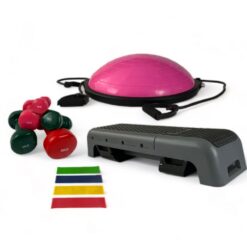 Pack fitness 2 con bandas elásticas, mancuernas de vinilo, step y plataforma de equilibrio.