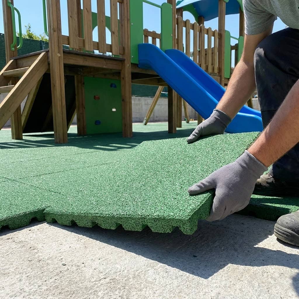 Proceso de instalación de losetas de caucho puzzle sobre solera de hormigón nivelada.